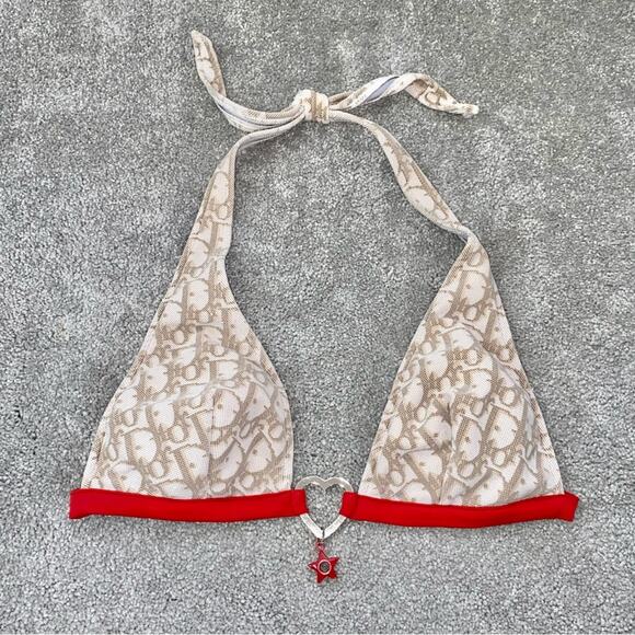 S AUTH VTG Christian Dior Tan Red Charm Trotter Logo Print Bikini Swimsuit - Picture 6 of 16